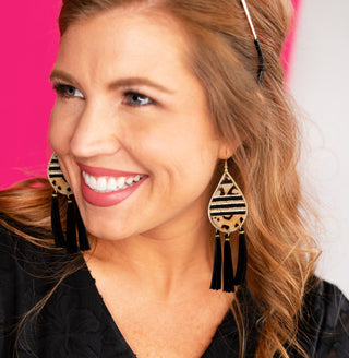 Black Leopard Tear Drop Tassel Earrings