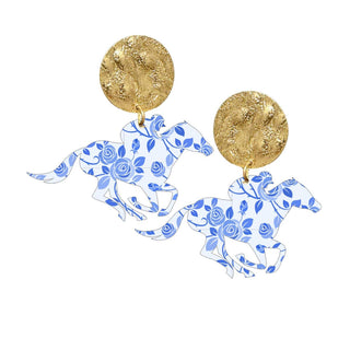 Blue Floral Acrylic Derby Earrings #ACE-490GD-DERBY-BLUFLR