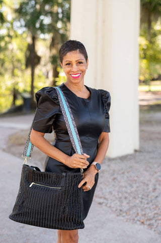 Textured Black Audrey Purse w/Aqua Stripe Dot Crossbody
