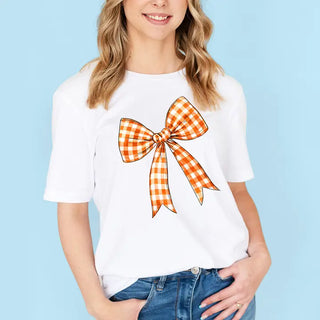 Orange Check Bow T-Shirt #HPTS-WHTSM-ORGBOW