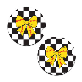 Softball Bow Car Coaster Set #SPACK-CC132-SBBOW25