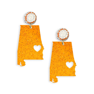Orange Glitter Alabama Auburn Heart Earrings