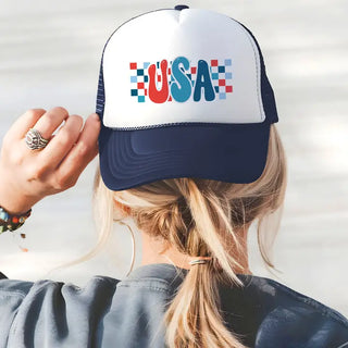 Checkered USA Trucker Hat #L197-BLU-SMCHKUSA24