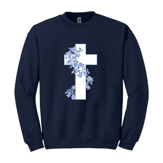 Blue Floral Cross Sweatshirt #HPSW-NAVYLG-CRS24