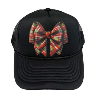 Tartan Plaid Bow Black Trucker Hat #L197-BLK-HTTNBOW
