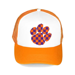 Orange & Purple Check Paw Trucker Hat #L197-ORGWHT-SMCHKPAW