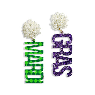Green Check & Purple Glitter Mardi Gras Earrings