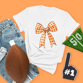 Orange Check Bow T-Shirt #HPTS-WHTSM-ORGBOW