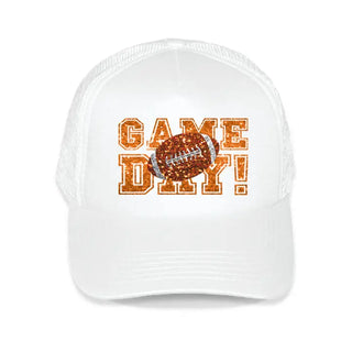 Faux Glitter Game Day Trucker Hat #L197-ORGWHT-SMORGGLTGD