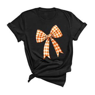 Orange Check Bow T-Shirt #HPTS-WHTSM-ORGBOW
