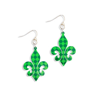 Green Check Fleur de Lis Earrings