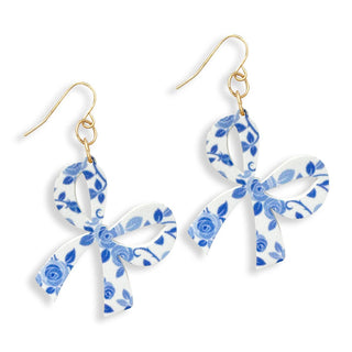 Blue Floral Bow Earrings #ACE-300GD-BOW-BLUFLR