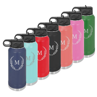 Water Bottle with Wreath Single Initial Design