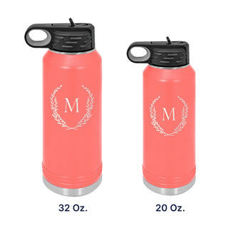 Water Bottle with Wreath Single Initial Design