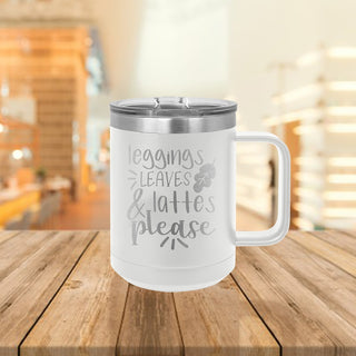 Leggings, Leaves & Lattes White 15oz Insulated Coffee Mug