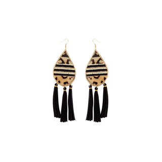 Black Leopard Tear Drop Tassel Earrings 